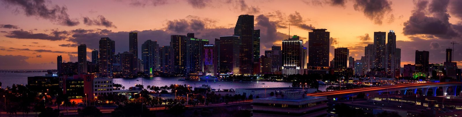 The Miami, Florida skyline at sunset on New Years day, 2019.